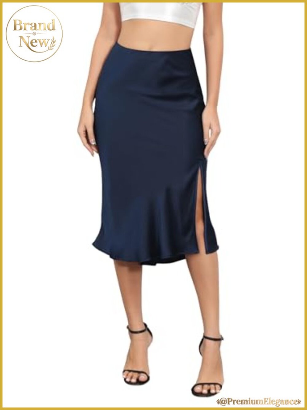 Women's High Waist Silky Satin Midi Skirt with Slit A-Line